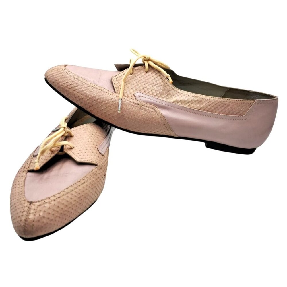 Vintage Blush Pink Shoes Womens Sz 40 8.5 Leather & Snakeskin Lace-Up Loafers by